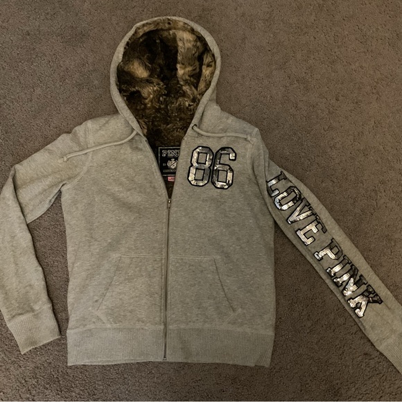VS Victoria’s Secret PINK VTG Faux Fur Bling Sequin Hoodie Jacket Sweatshirt Y2K - Picture 12 of 12